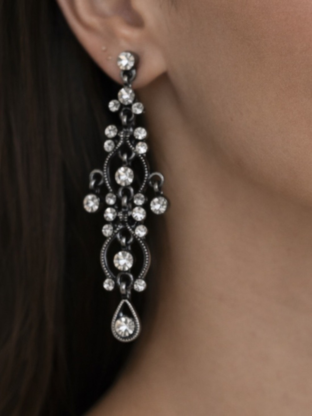Crystal Dangle Earrings 2.5 Inch Pewter Metal